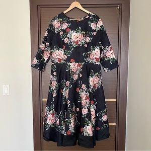 Chi Chi London Jacquard Floral Print A-Line Skater Skirt MIDI Long Sleeve Dress